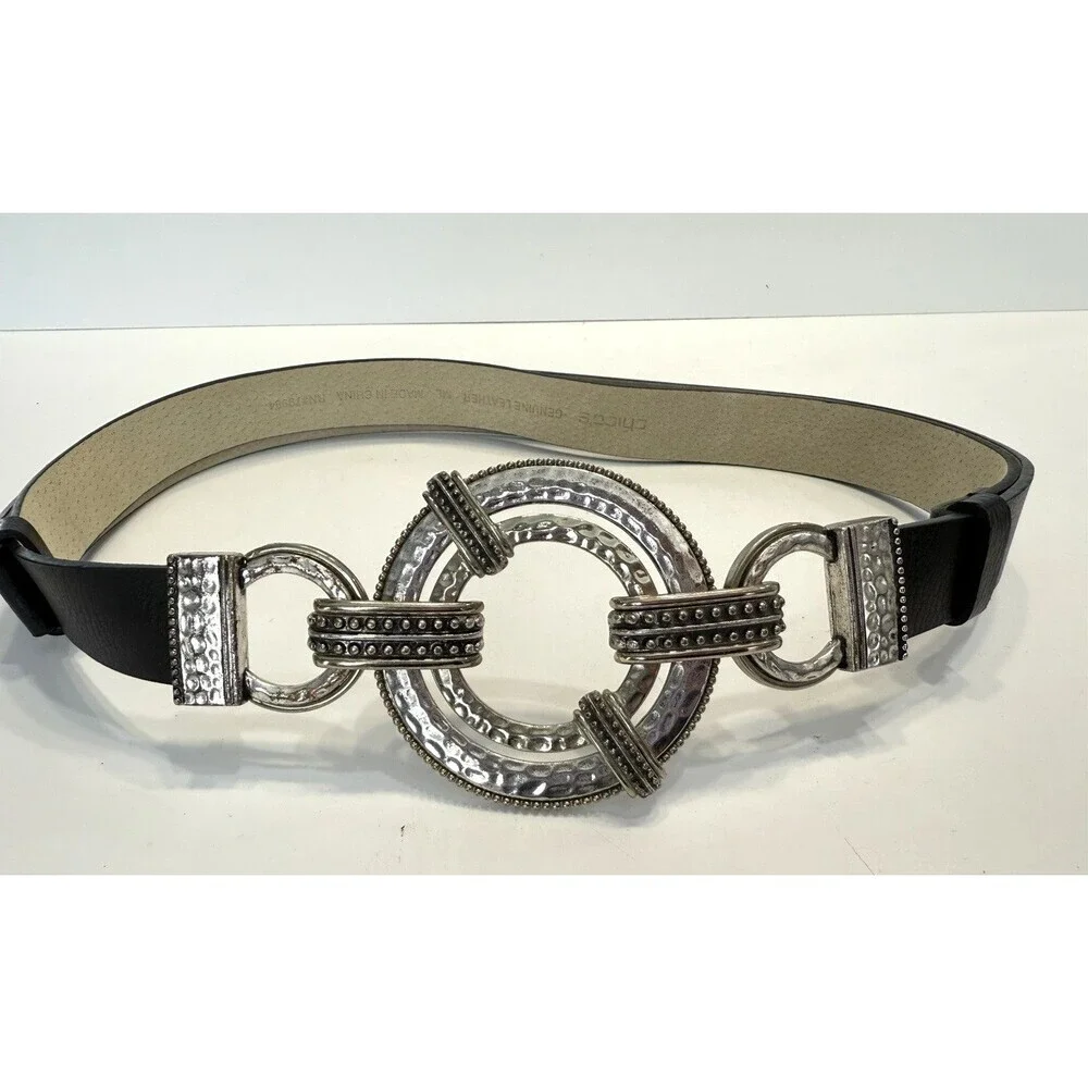 Chico's Black Leather Adjustable Belt Silver Hook Buckle Size M/L Retro Y2K
